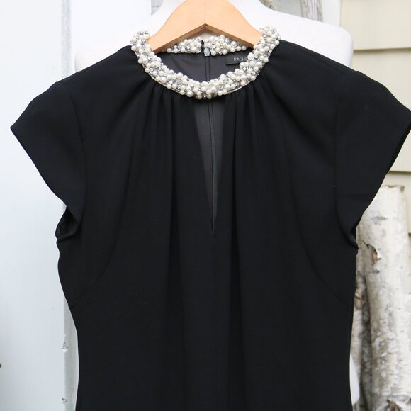 Rachel Zoe Black Pearl Trim Pleated Keyhole Neck Cap Sleeve Sheath  Dress Sz 6 - Picture 2 of 7